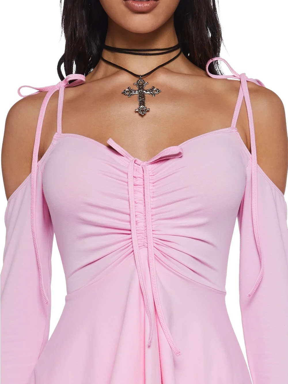 Dolls Kill Pink Cold-Shoulder Mini Dress with Ruched Front